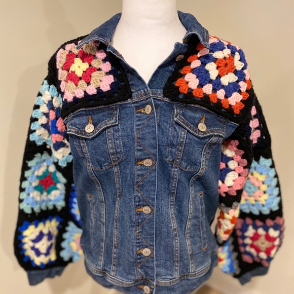 Upcycled Granny-Square Denim Jacket — Women’s - Boho / Festival / Cottagecore - Picture 3 of 7